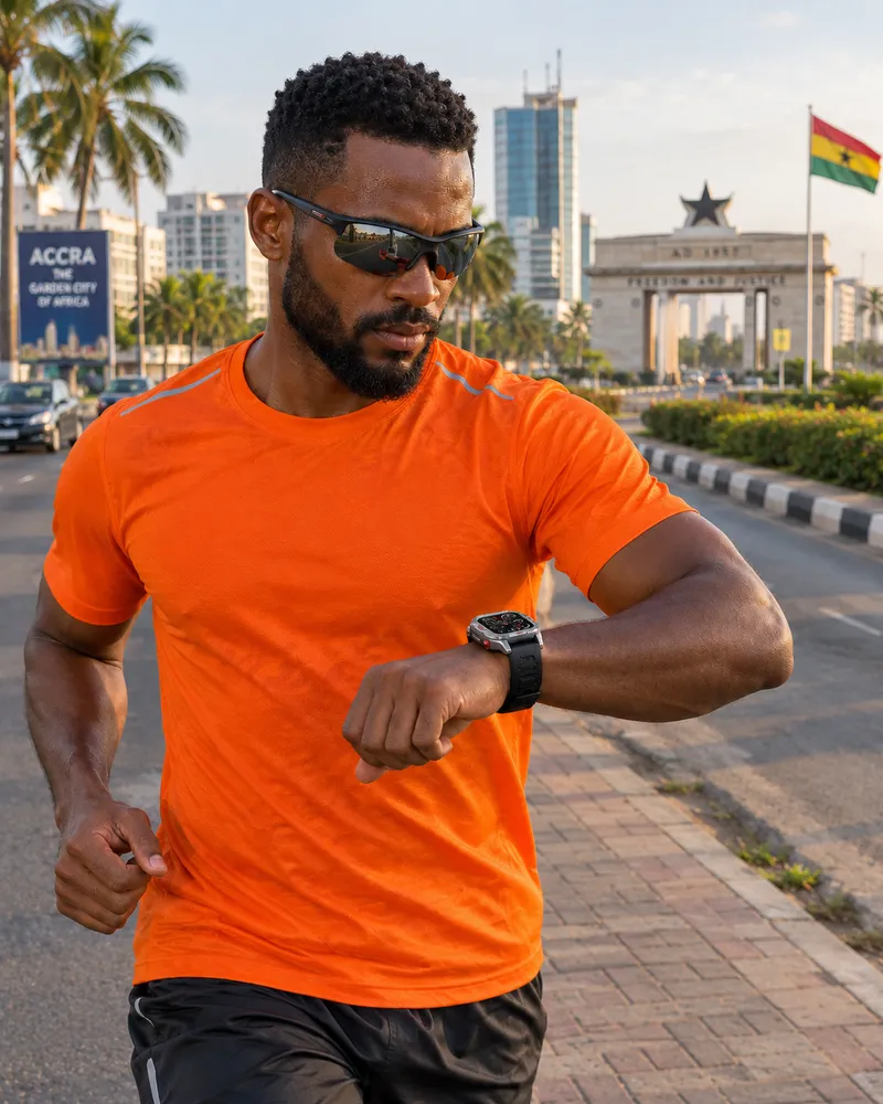 A man in an orange running top checking the Smart Watch Pro on his wrist while jogging in Accra